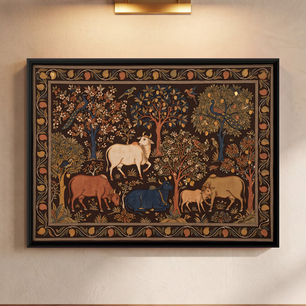 Cows and a Calf in a Dark Flowering Grove
