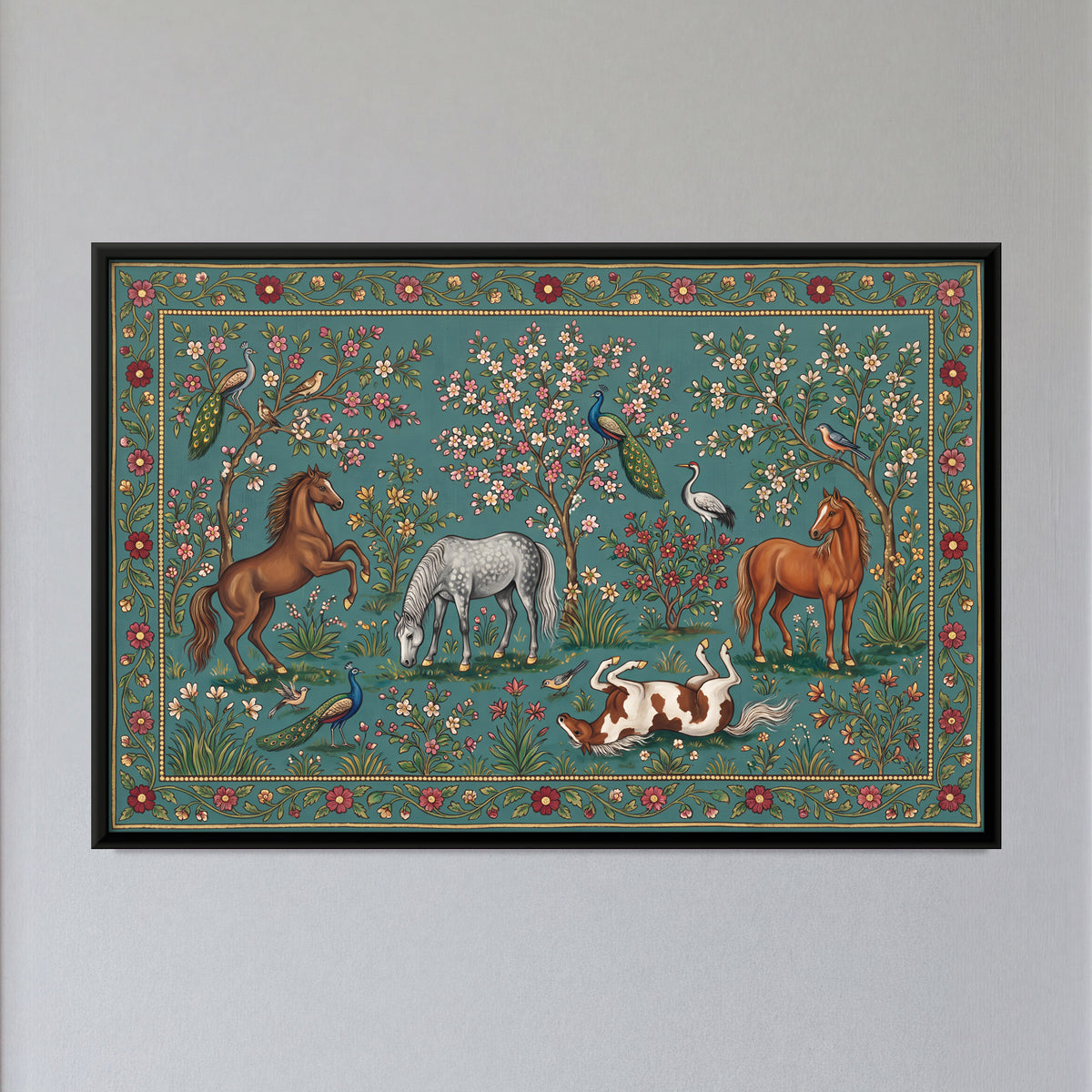 Four Horses in a Flowering Meadow - framed canvas art hung on a wall