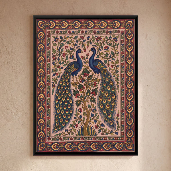 Two Peacocks Facing Each Other on a Flowering Tree