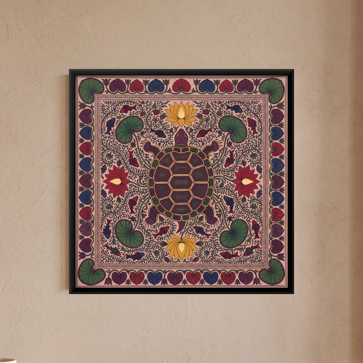 Turtle in a Lotus Pond - framed canvas art hung on a wall