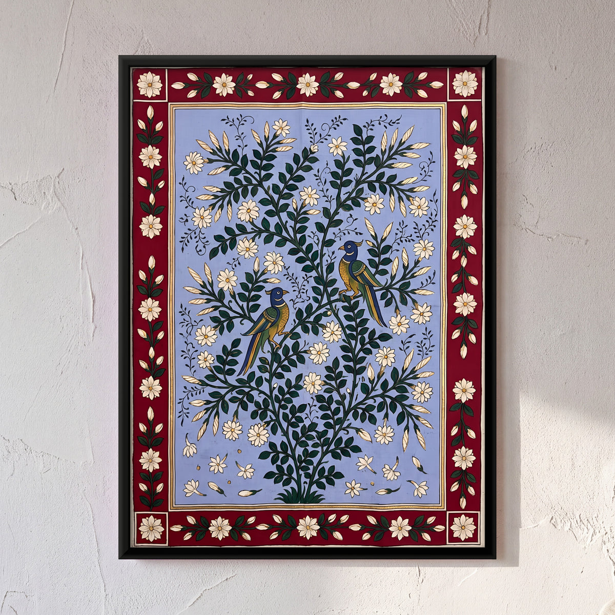 Birds in Jasmine Blossom - framed canvas art hung on a wall