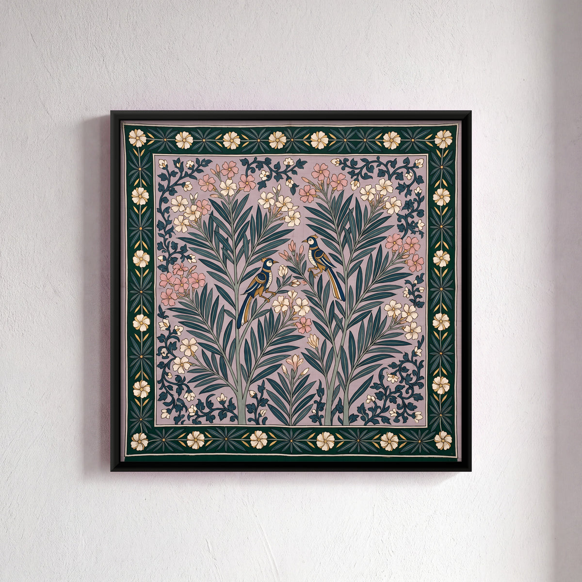 Oleander Blooms with Birds - framed canvas art hung on a wall