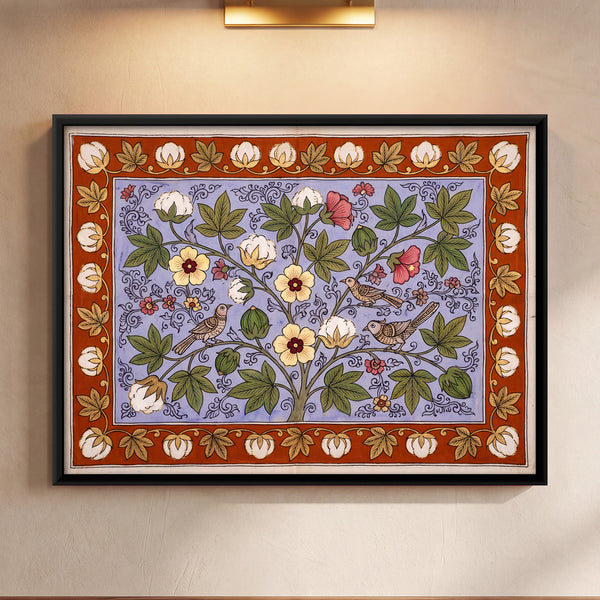 Cotton Plant with Flowers, Bolls, and Birds