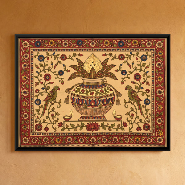 Kalash with Coconut Flanked by Two Parrots in Amber