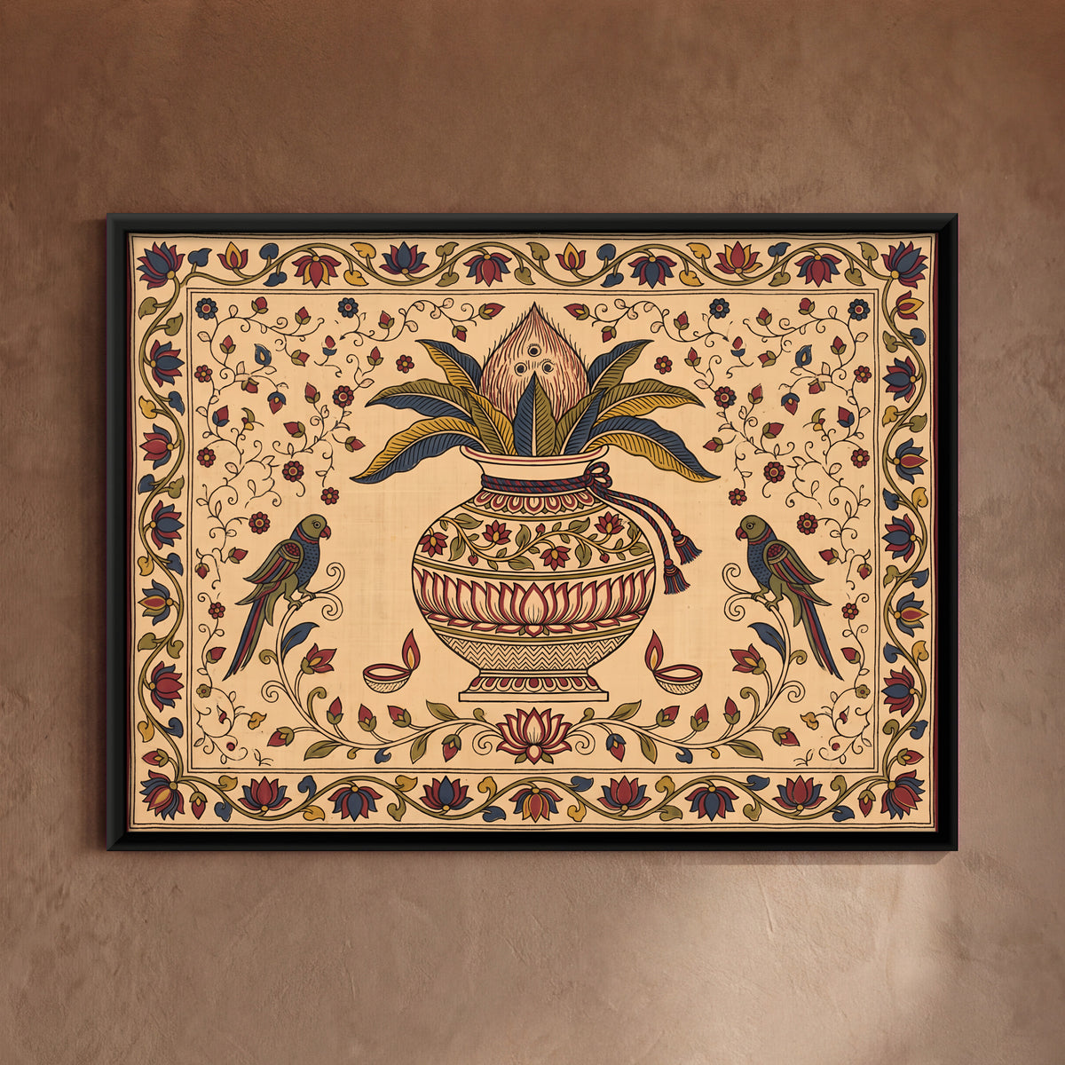 Kalash with Parrots - framed canvas art hung on a wall