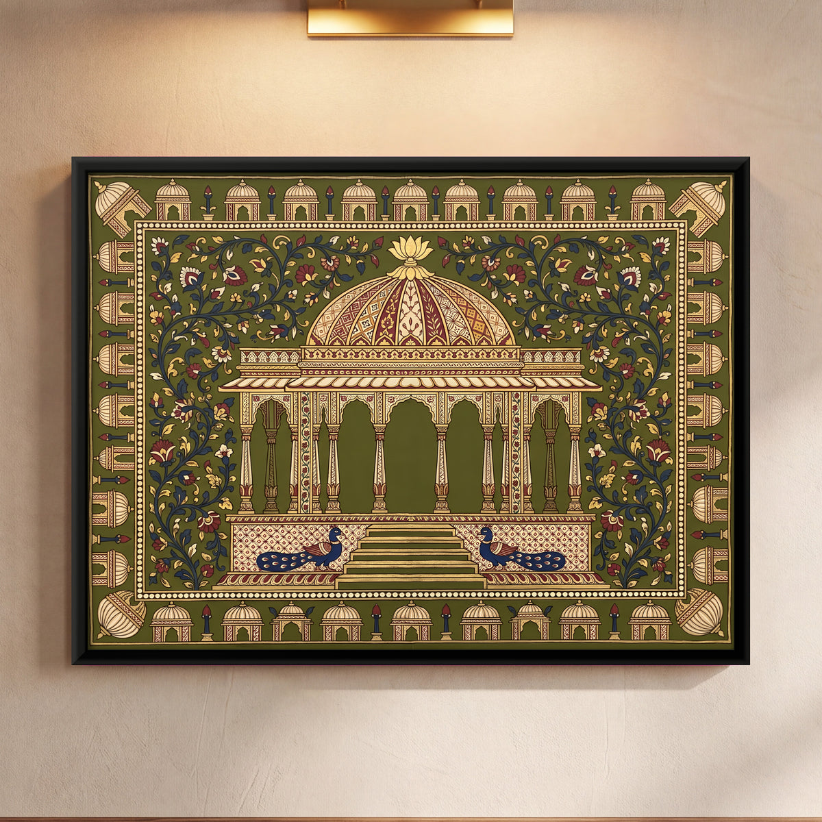 Domed Pavilion with Peacocks - framed canvas art hung on a wall