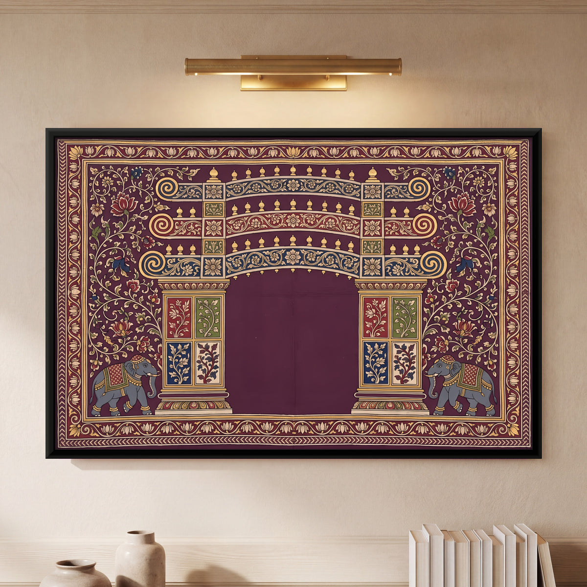 Temple Gateway with Elephants - framed canvas art hung on a wall