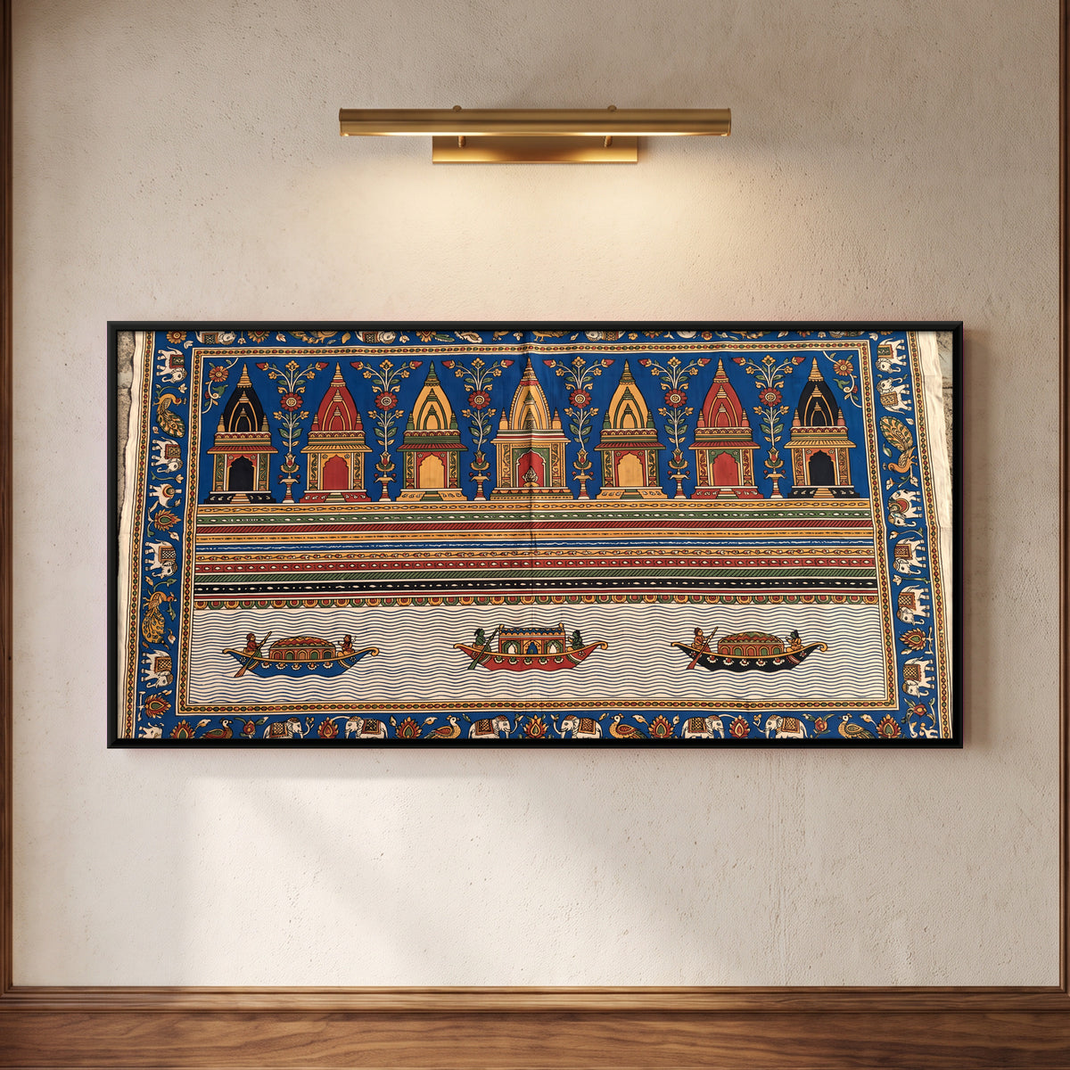 Temple Ghat with Boats - framed canvas art hung on a wall