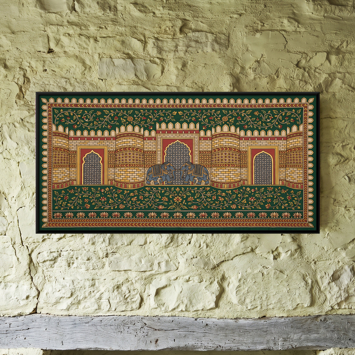 Elephants at the Fort Gate - framed canvas art hung on a wall