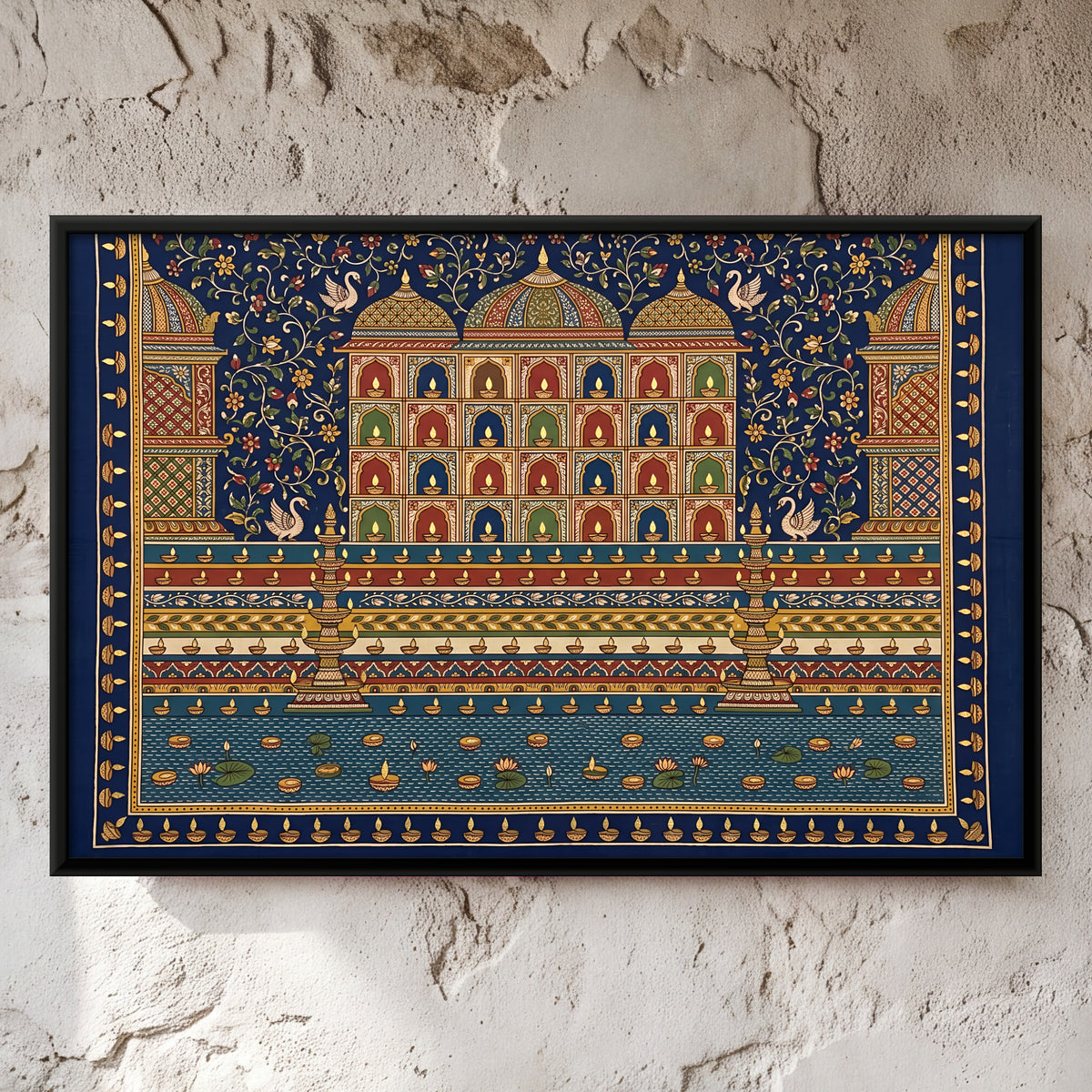 Ghat of Floating Lamps - framed canvas art hung on a wall