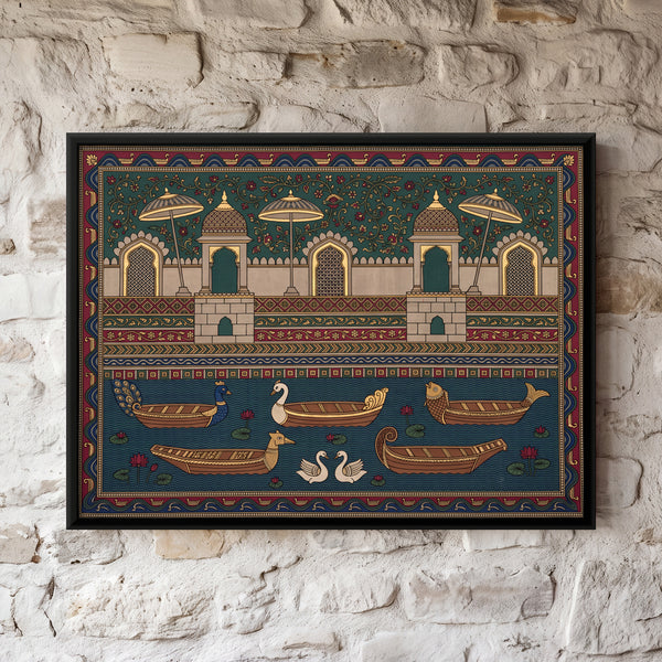 Walled Ghat with Boats, Swans, and Parasols