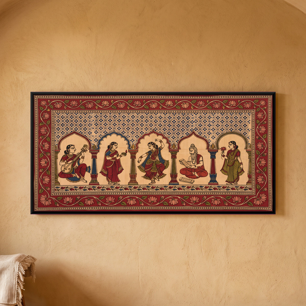 Musician, Dancer and Sage Under Arches - framed canvas art hung on a wall