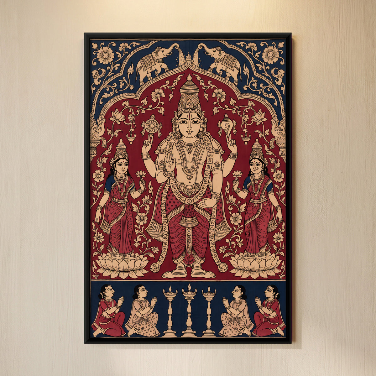 Vishnu with Sridevi and Bhudevi - framed canvas art hung on a wall