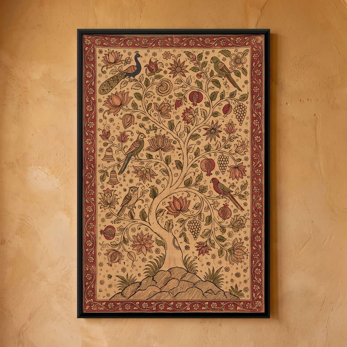 Flowering Tree with Birds - framed canvas art hung on a wall
