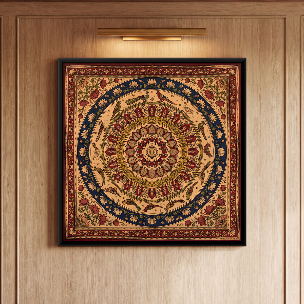 Lotus Mandala with Birds - framed canvas art hung on a wall
