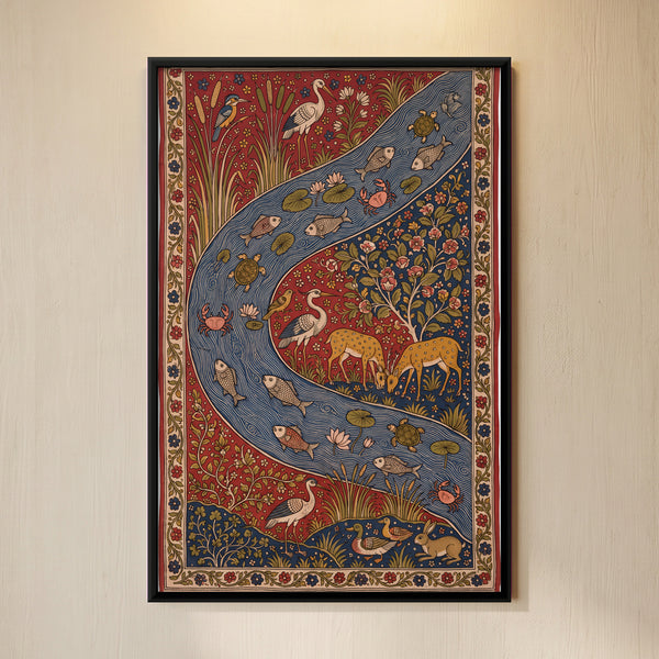 Winding River with Aquatic Life, Deer, and Birds