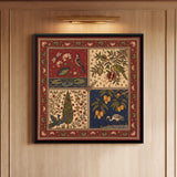Four Panels Depicting Birds with Different Plants