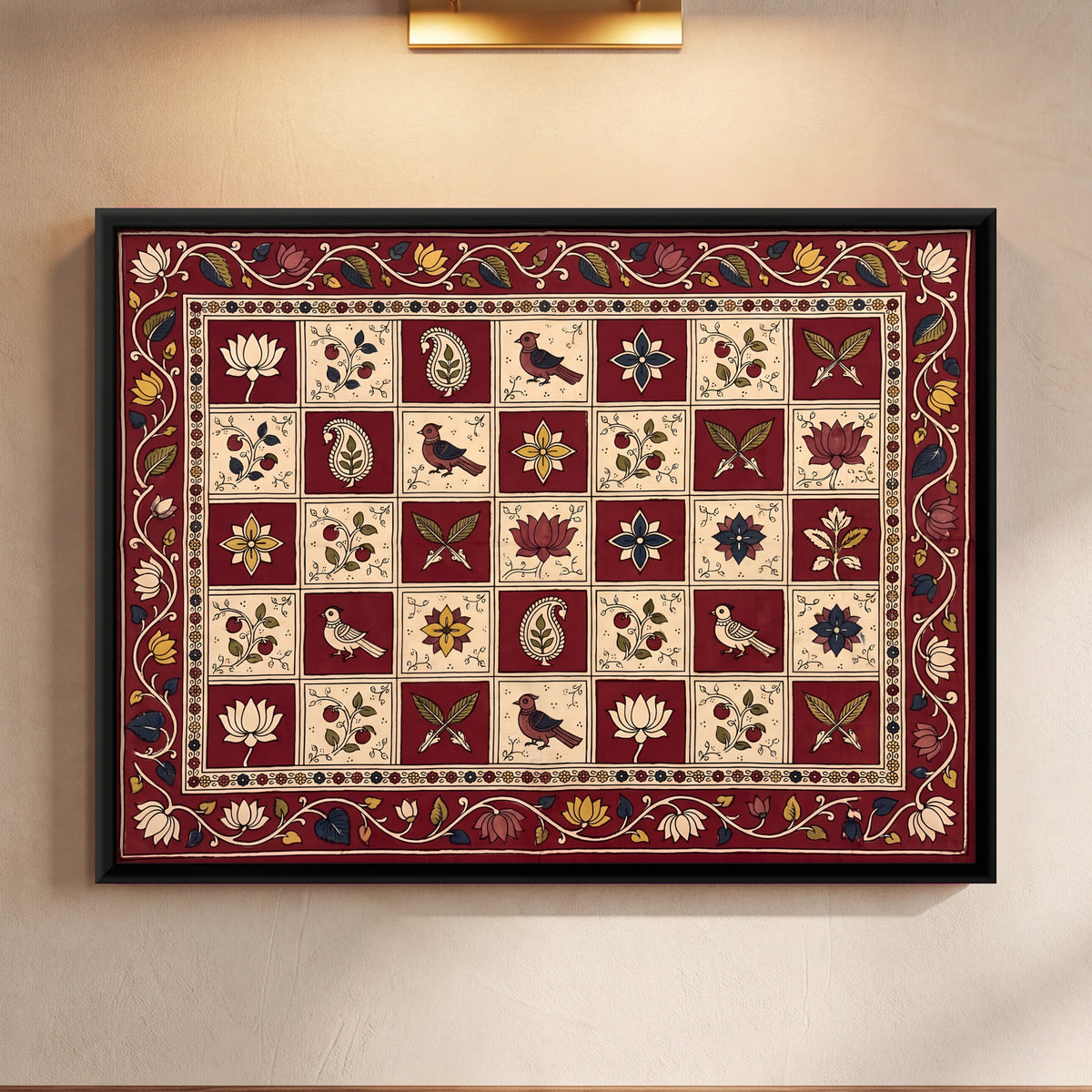 Checkerboard of Flowers and Birds - framed canvas art hung on a wall