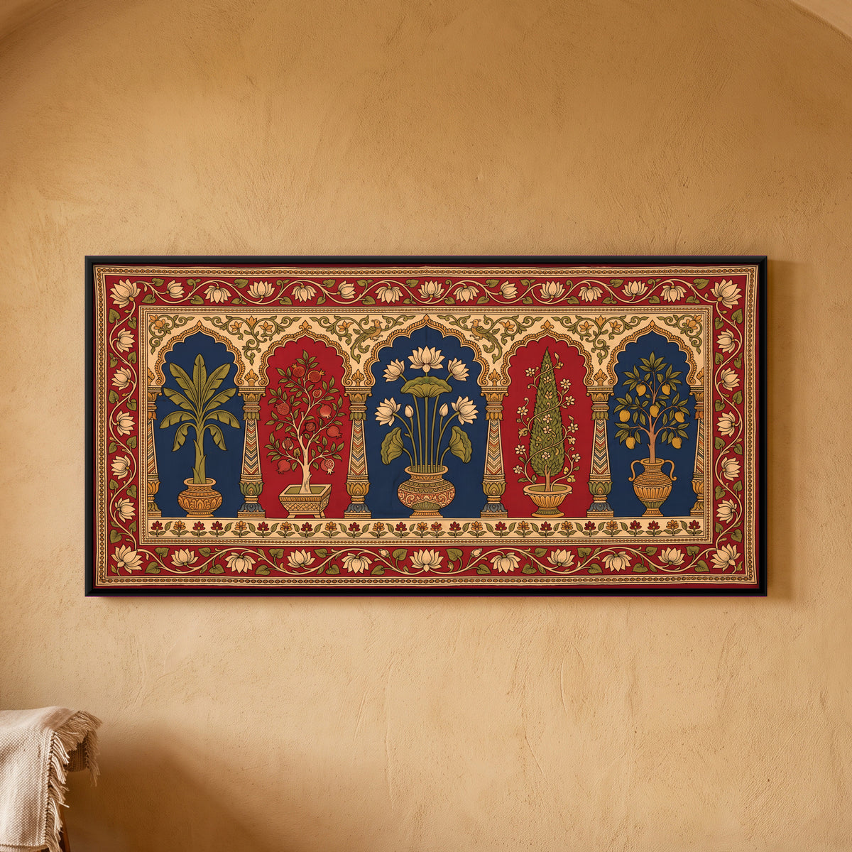 Potted Trees in Arched Niches - framed canvas art hung on a wall