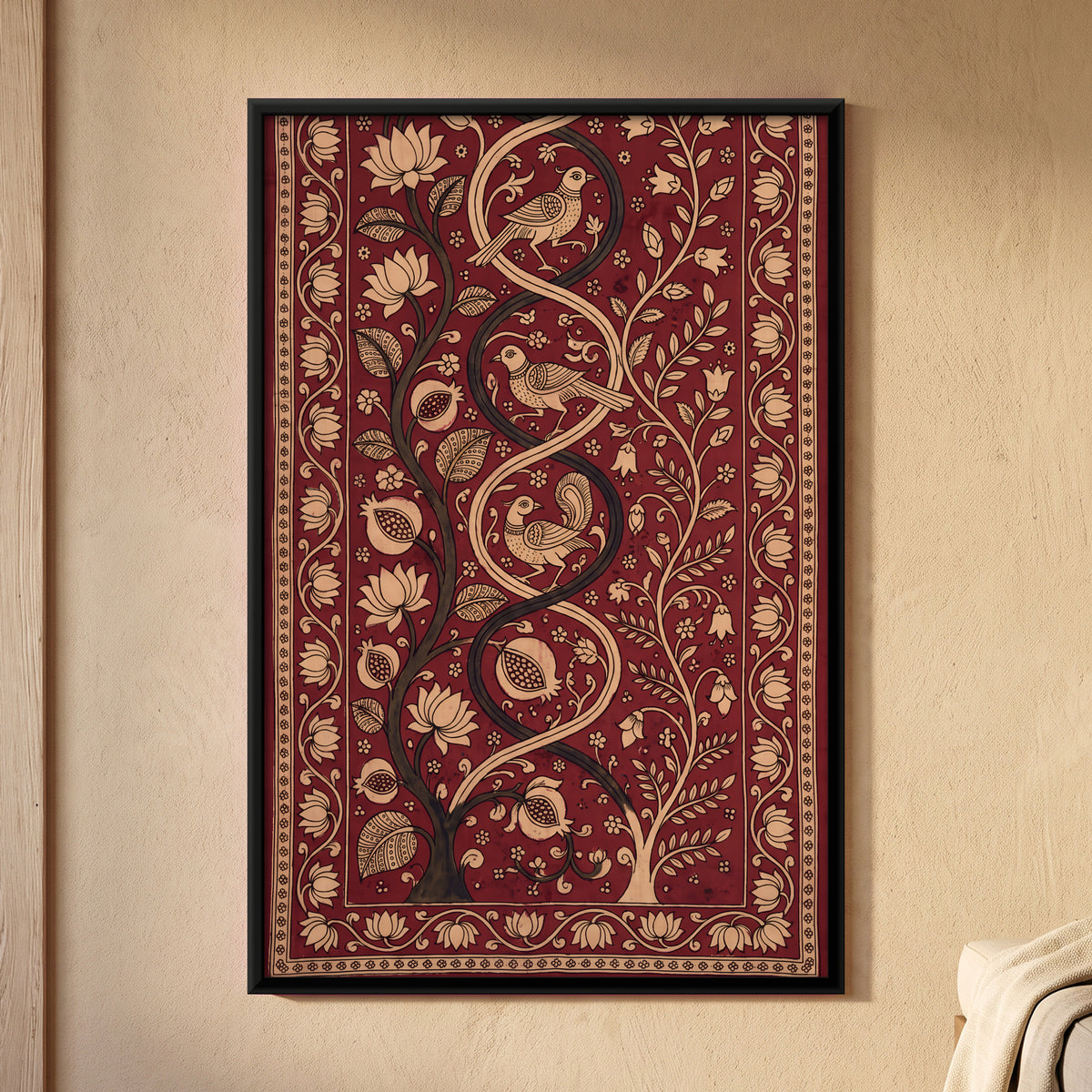 Flowering Vine with Birds - framed canvas art hung on a wall