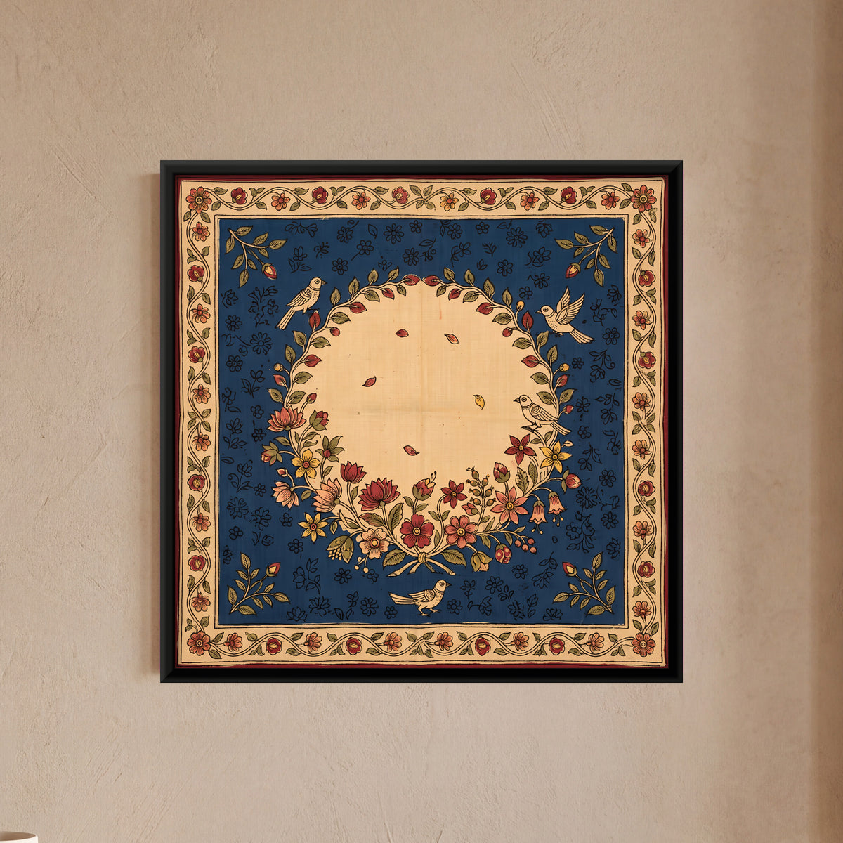 Floral Wreath with Birds - framed canvas art hung on a wall