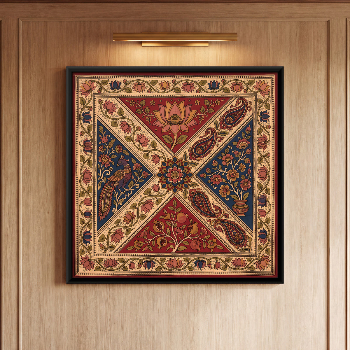 Peacock and Lotus in Diagonal Panels - framed canvas art hung on a wall