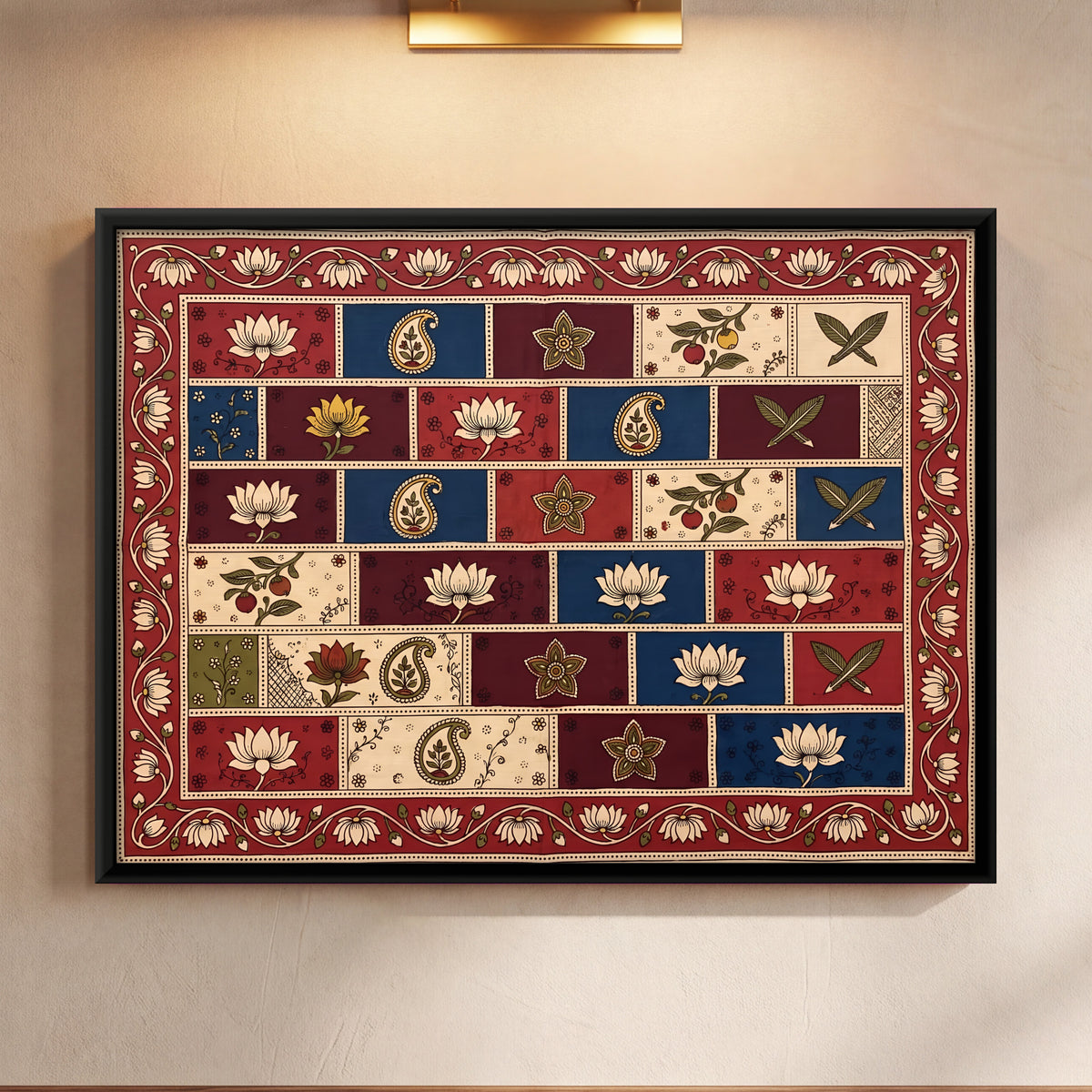 Lotus and Paisley Blocks - framed canvas art hung on a wall