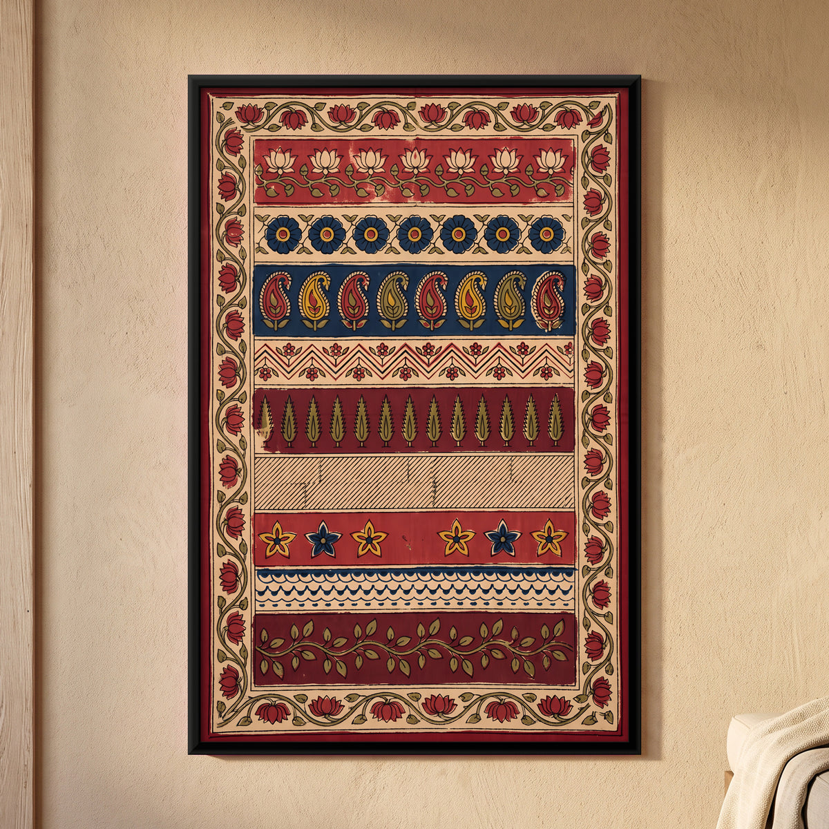 Bands of Lotus and Paisley - framed canvas art hung on a wall