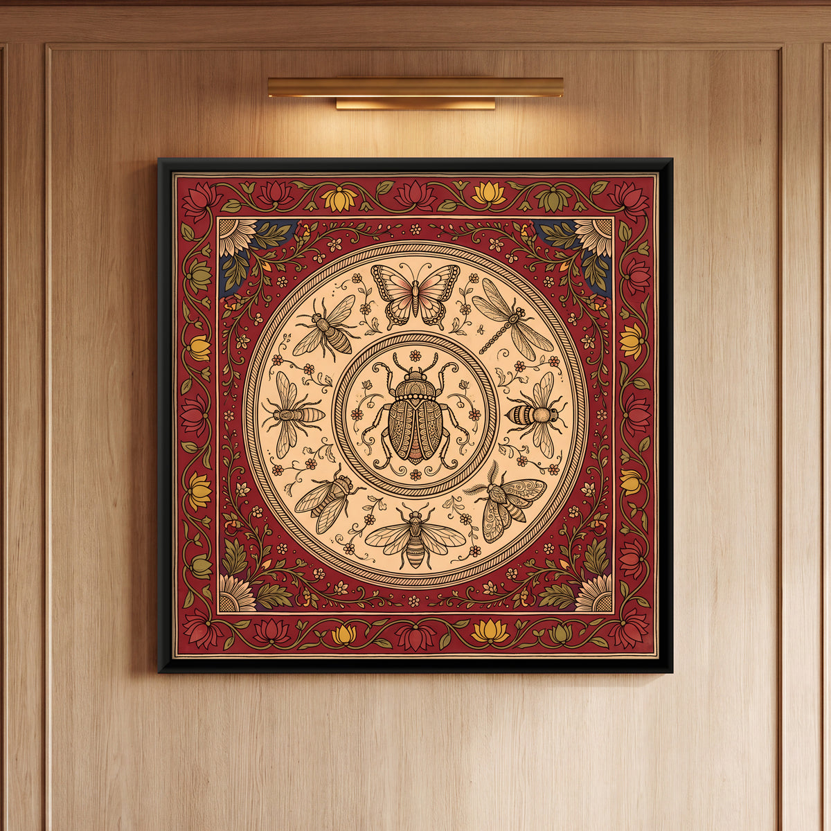 Beetle and Bees Medallion - framed canvas art hung on a wall