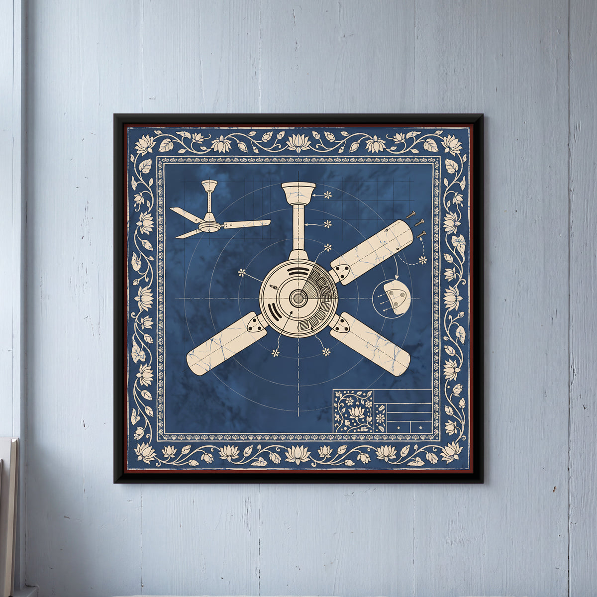 Ceiling Fan Blueprint - framed canvas art hung on a wall