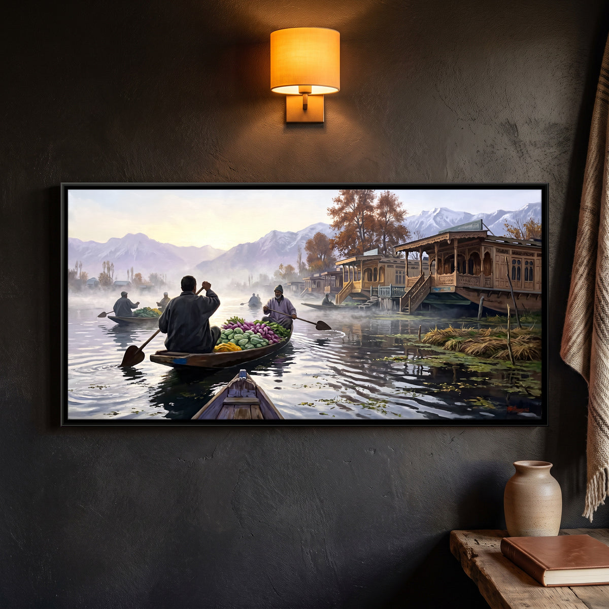 Floating Market on Dal Lake - framed canvas art hung on a wall