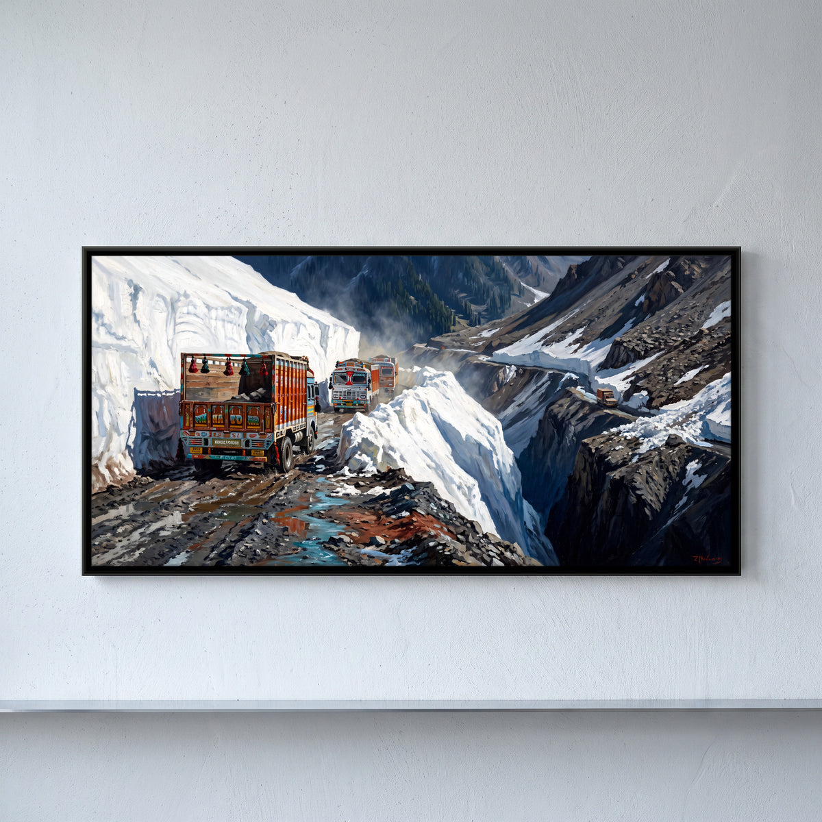 Trucks on the Zojila Pass - framed canvas art hung on a wall