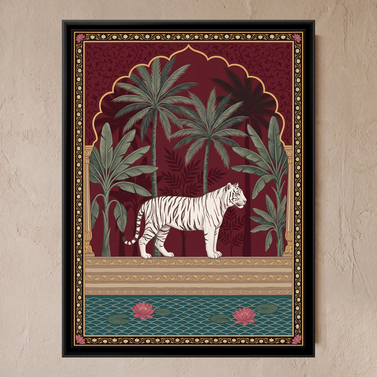 White Tiger Beneath a Palm Arch - framed canvas art hung on a wall