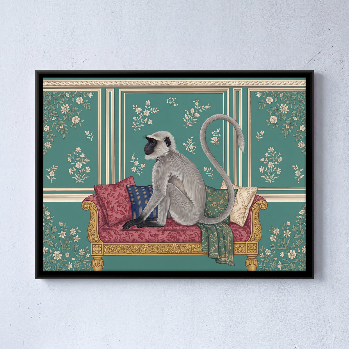 Langur on a Settee - framed canvas art hung on a wall