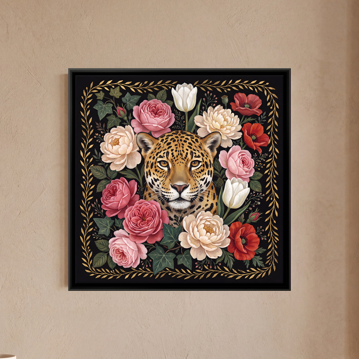 Leopard Among Roses - framed canvas art hung on a wall