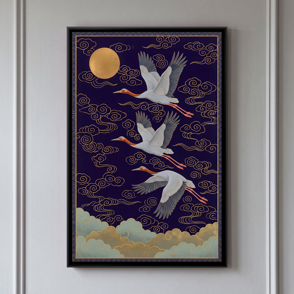 Sarus Cranes and the Moon - framed canvas art hung on a wall