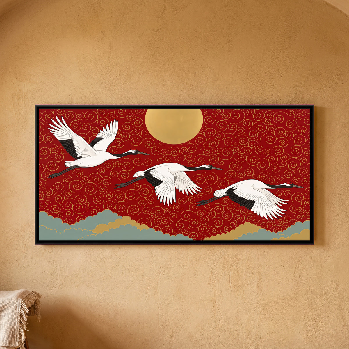 Red-Crowned Cranes and the Sun - framed canvas art hung on a wall