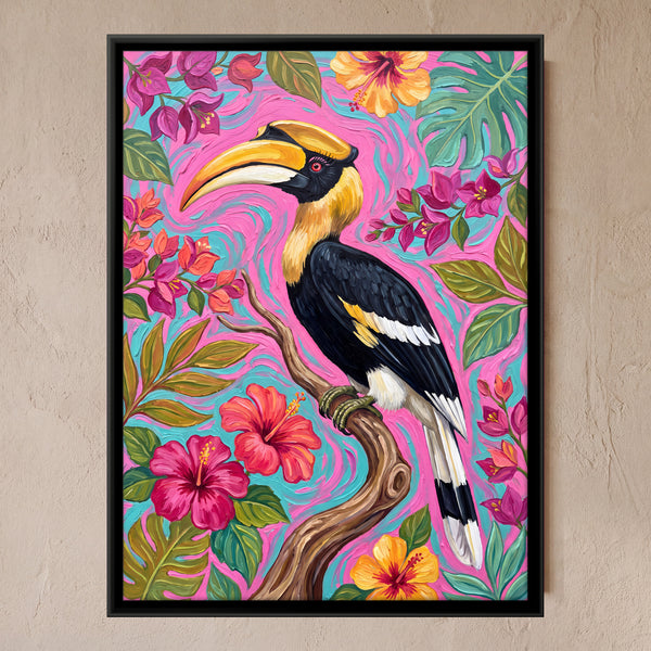 Great Hornbill on a Flowering Branch