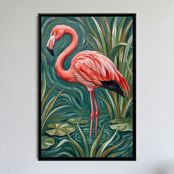 Flamingo Among Reeds and Lily Pads