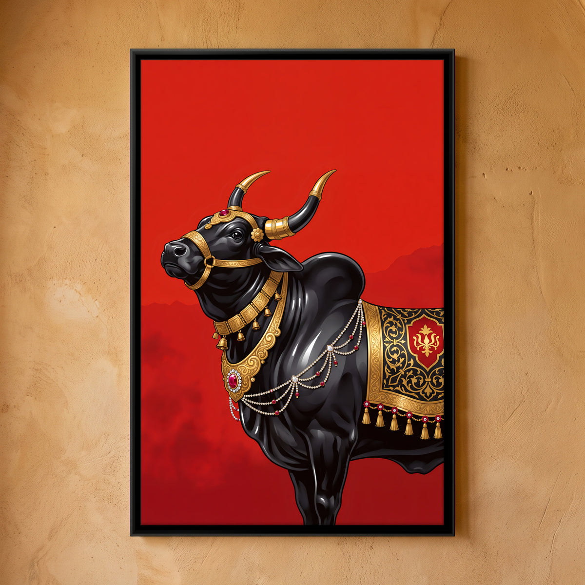 Nandi Bull Adorned in Gold - framed canvas art hung on a wall
