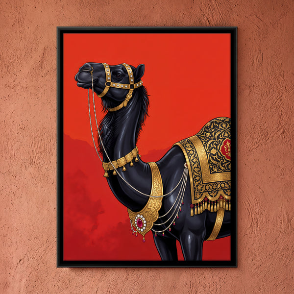 Black Camel Adorned in Gold Jewelry