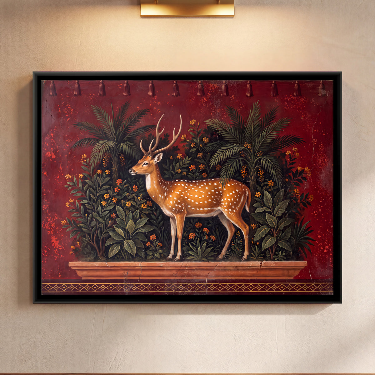 Spotted Deer on a Garden Terrace - framed canvas art hung on a wall