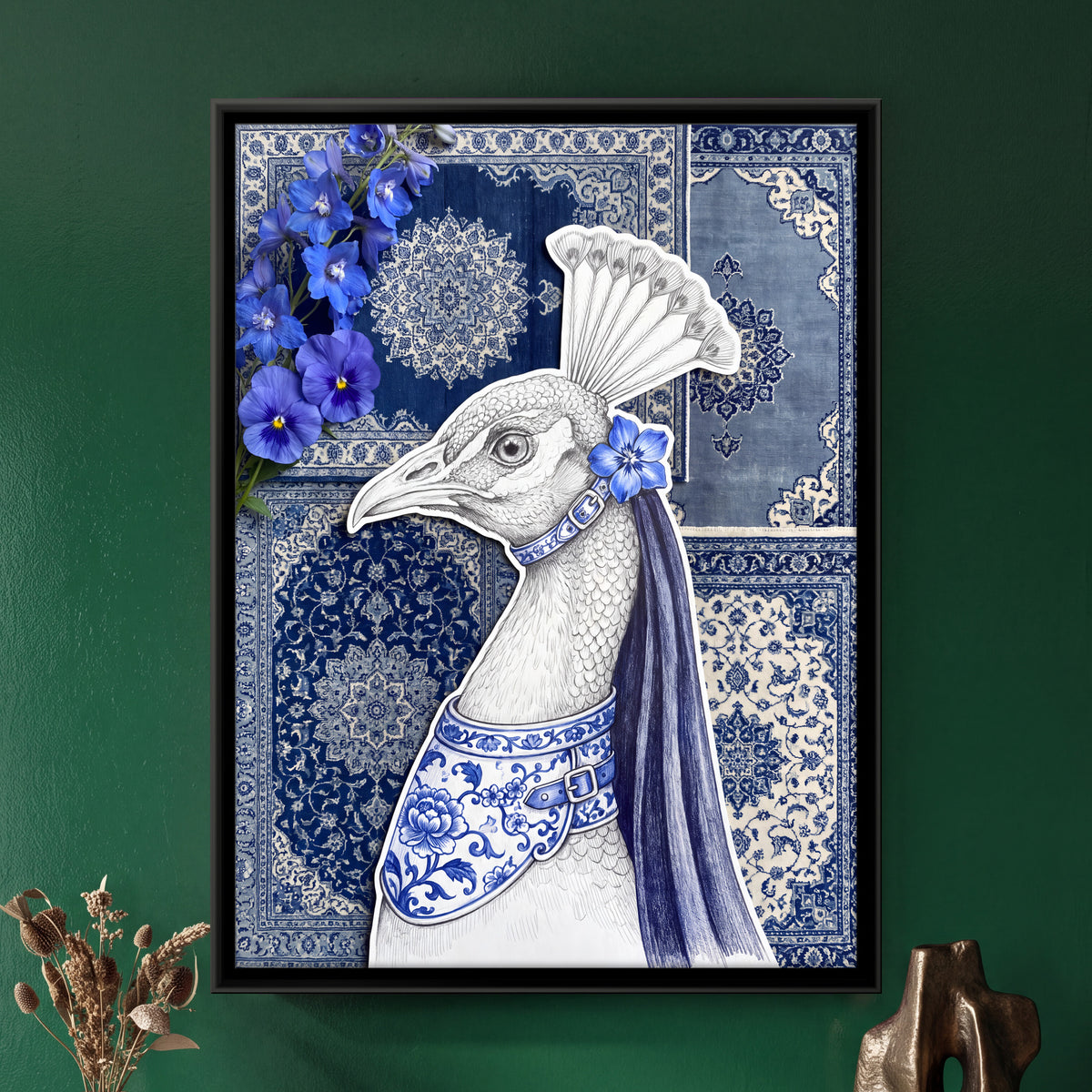 White Peacock in Porcelain Blue - framed canvas art hung on a wall