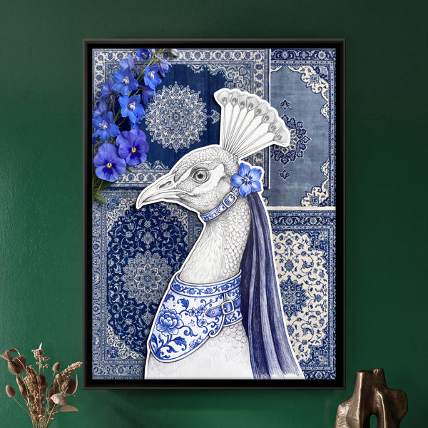 White Peacock Head with Blue Porcelain-patterned Collar