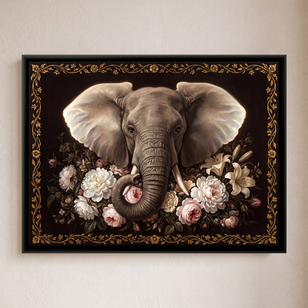 Elephant Head Surrounded by Peonies and Lilies