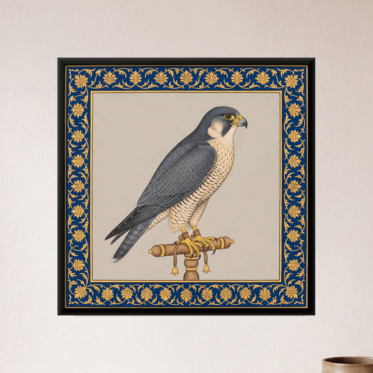 Falcon on a Perch - framed canvas art hung on a wall
