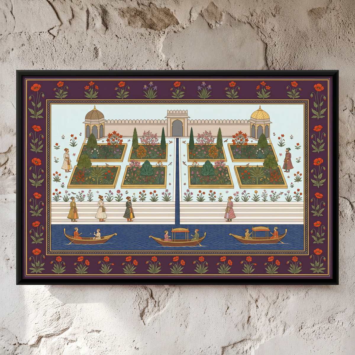Riverfront Garden with Boats - framed canvas art hung on a wall