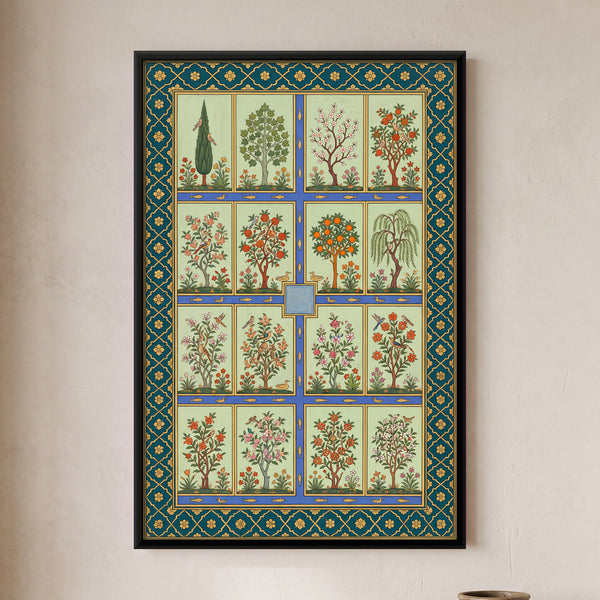 Grid of Flowering Trees and Birds Divided by Water Channels