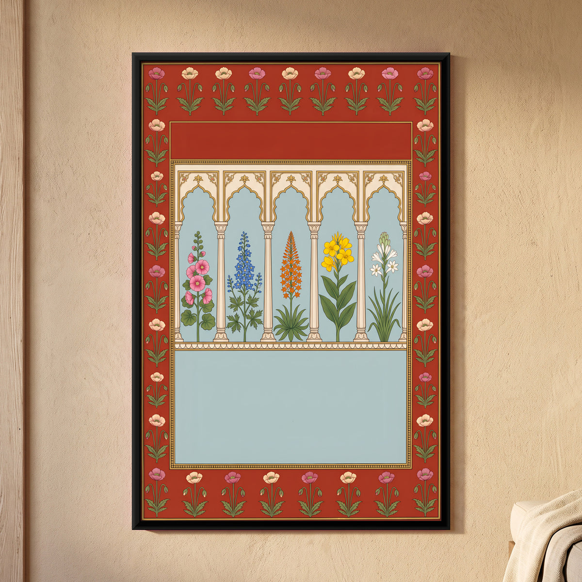 Tall Flowering Plants Under Arches - framed canvas art hung on a wall