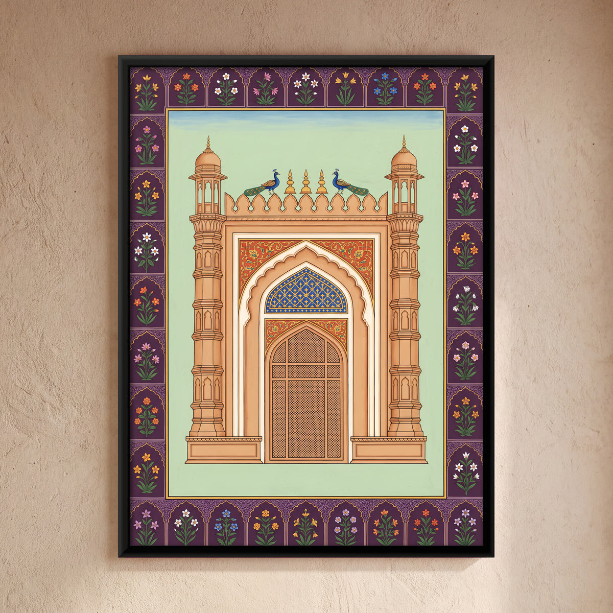 Palace Gateway with Peacocks - framed canvas art hung on a wall